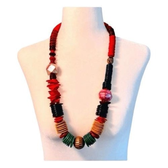 Vintage 90s‎ Beaded Necklace Rainbow Wood Stone Beads Chunky Copper Tone Metal - Picture 2 of 5